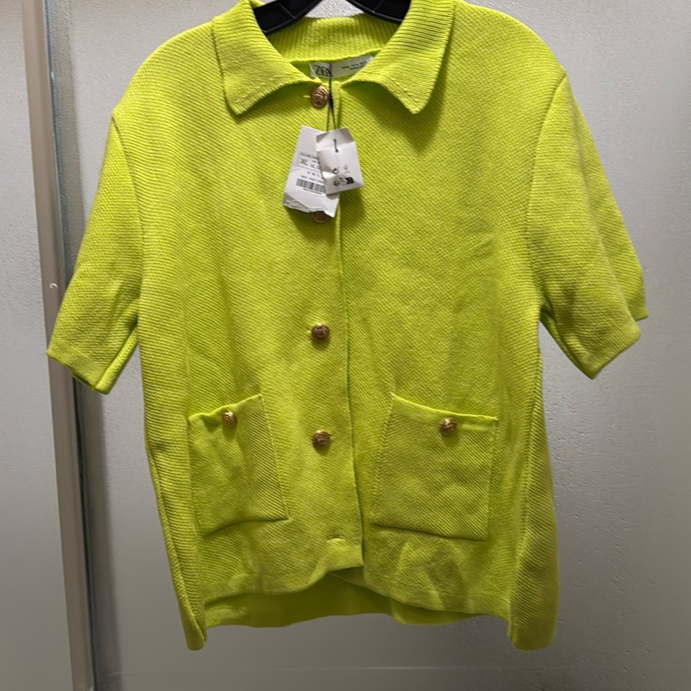 Zara Neon Yellow Short Sleeve Button-Down Shirt
